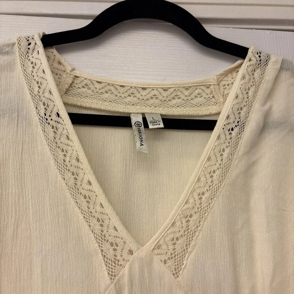Versona Cream Top V-Neck V Neck  Lace Short Sleeve. Size L. Lace. Casual Work - Picture 4 of 7